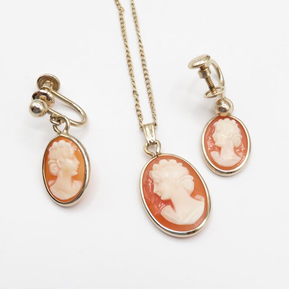Van Dell Vintage Cameo Necklace Earrings Set 12K Gold Filled - Picture 1 of 12
